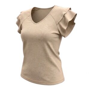Component Womens V-Neck Flutter Sleeve Top Heather Beige Knit Shirt Large